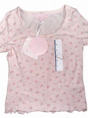 LoveShackFancy Pink Floral Ribbed Short Sleeve Tee